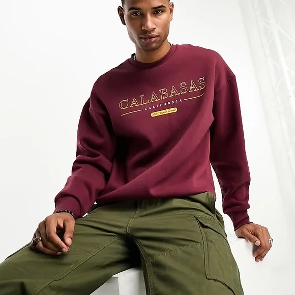 Jack & Jones oversized sweatshirt with Calabasas burgundy Size Large NWT - Picture 2 of 6